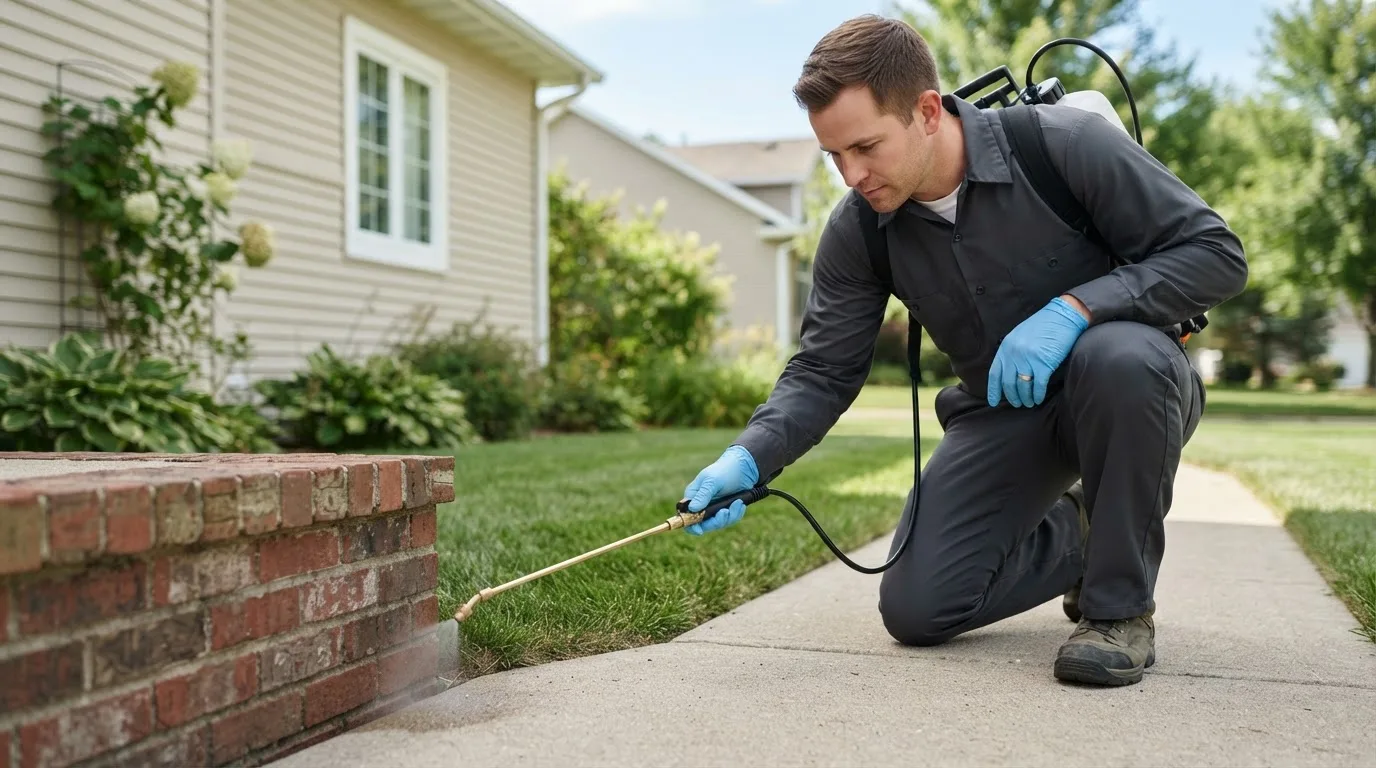 Pest control technician treating a home near Mclean, NE